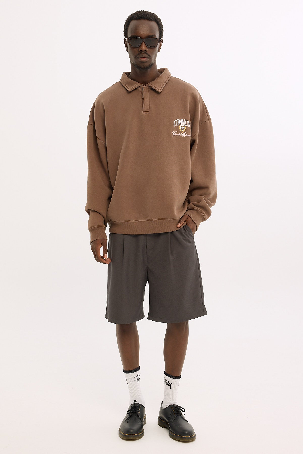 Common Need Whitaker Cropped Rugby Fleece Sweater Washed Coffee